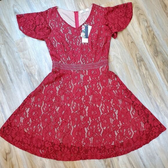 🩵NWT Miss May Cranberry Lace Nude Illusion Dress Medium - Picture 3 of 12